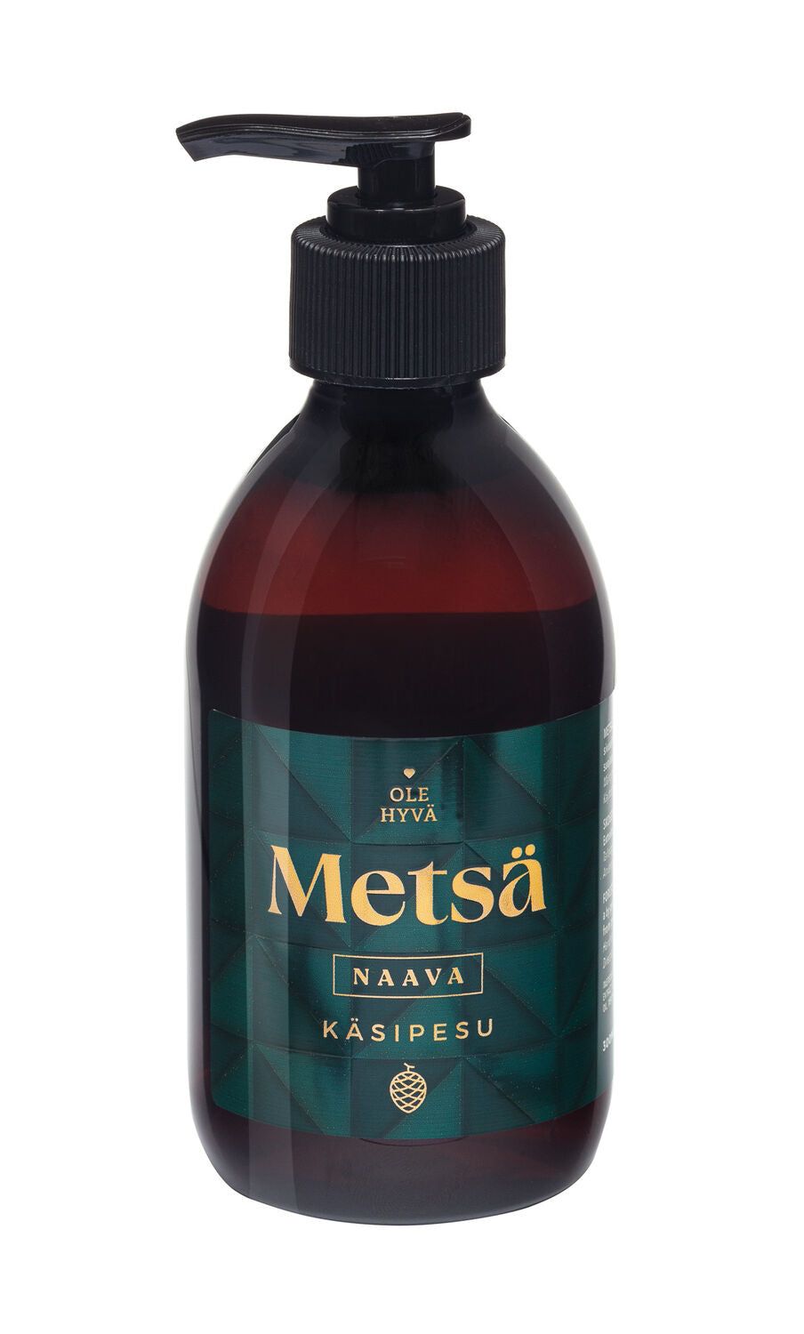 A dark brown plastic pump bottle with a matte finish. The label reads “Ole Hyvä Metsä Naava Käsipesu” and features green and gold graphic elements. Simple, clean sans-serif typography is used on the label. The bottle has cylindrical sides and a black pump top. Photographed alone against a plain, light background. No people or hands present.