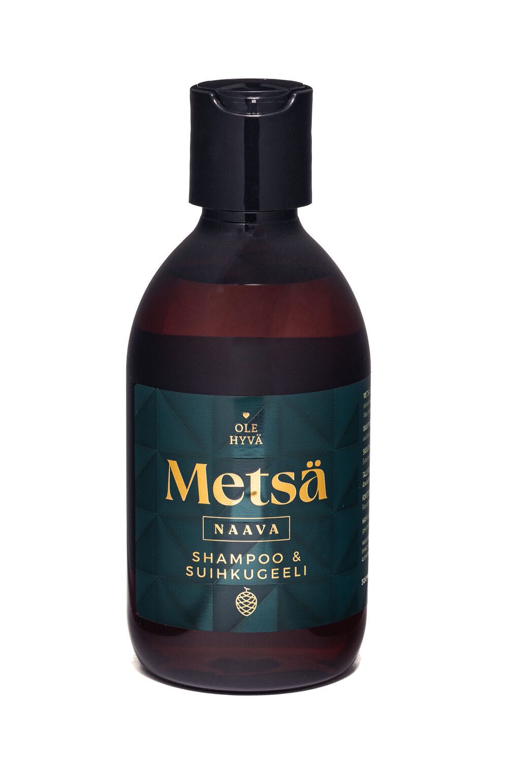 A dark brown bottle with a black flip-top cap labeled Ole Hyvä Metsä Naava Shampoo & Suihkugeeli, featuring a dark green label with gold and white text. The bottle is cylindrical and made of plastic with a matte finish. Typeface on the label is sans-serif in both block and script styles. The image is taken against a plain background, showing only the product standing upright.