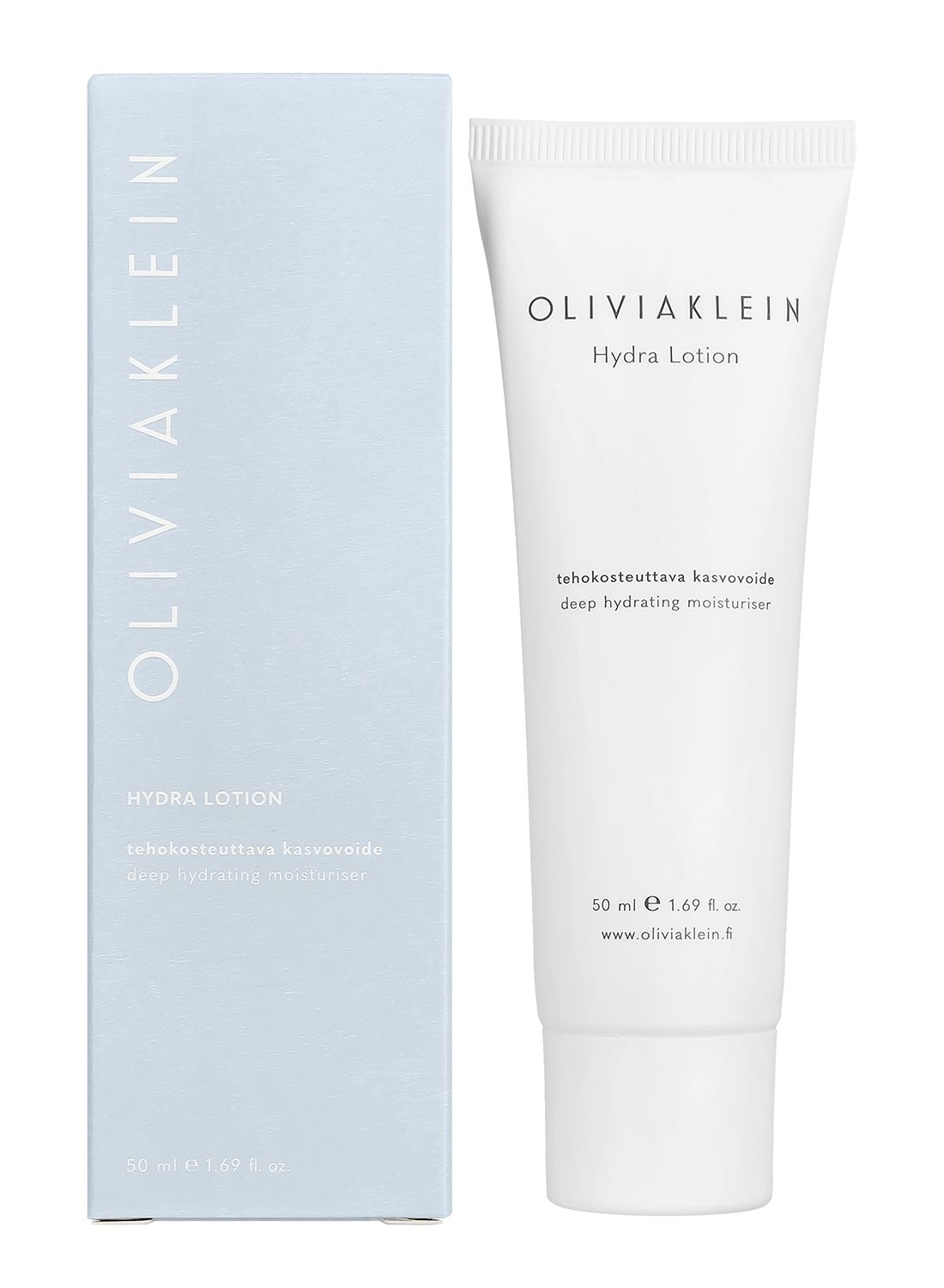 A tube and box of Oliviaklein Hydra Lotion, an intensely hydrating moisturizer, with minimalist white and light blue packaging, displayed side by side. Both items have a matte finish; the tube is cylindrical with a white cap, and the box is rectangular. The label features simple sans-serif text in black. The background is plain and uncluttered. No people or hands are present in the image.