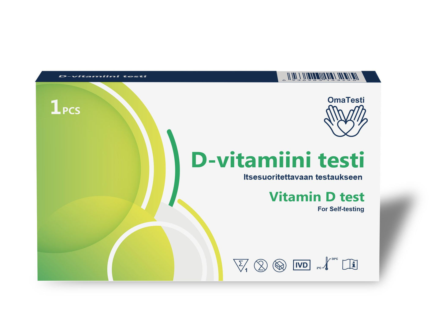 A rectangular, matte-finish box labeled D-vitamiini testi (Vitamin D test) for self-testing, featuring green and yellow circular designs and various symbols. The background is white with a lower green section. Legible text in both Finnish and English highlights vitamin D levels. The setting is neutral with no people or hands visible.
