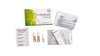 Vitamin D home test kit featuring a green and white box, two orange-tipped plastic lancets, several white paper instruction sheets with black printed text, a small rectangular test strip, a transparent dropper, and a Vitamin D colour card. All items have a matte finish and are arranged neatly on a plain white background. Box shows sans-serif label text. No people or hands visible.