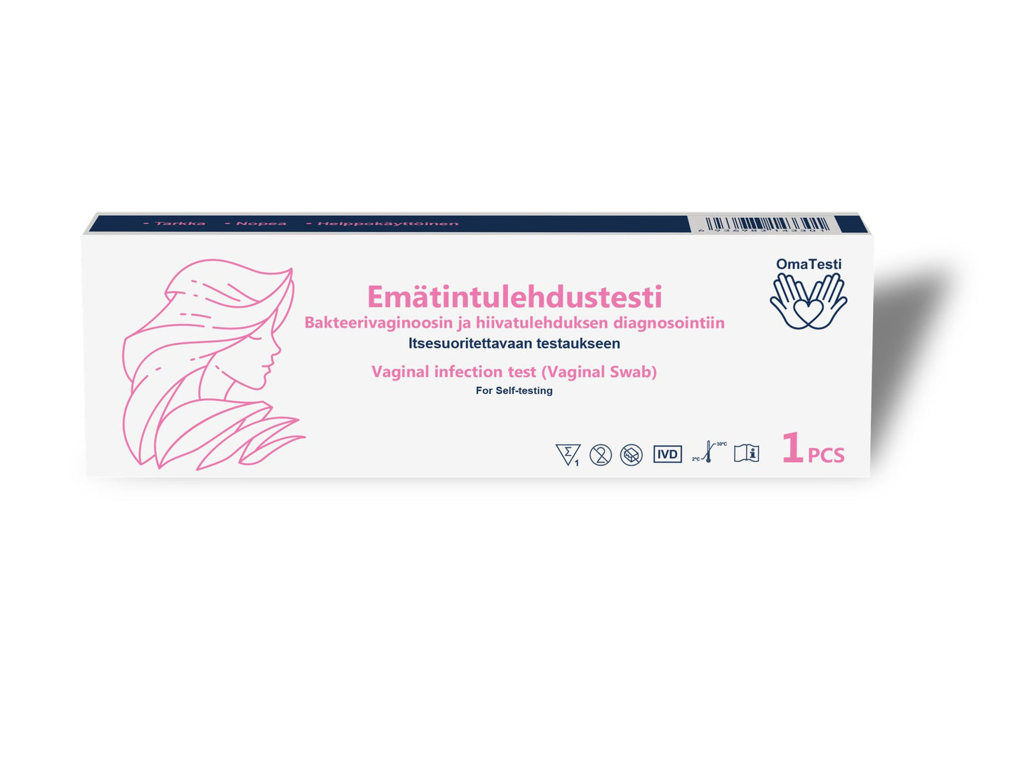 A rectangular matte white box labeled Emätintulehdustesti, an at-home vaginal infection test for self-testing. Packaging displays pink and blue sans-serif text and a simple outlined side profile of a woman. No other products, branding elements, or decorative patterns are visible. Neutral background, no people or hands appear in the shot.