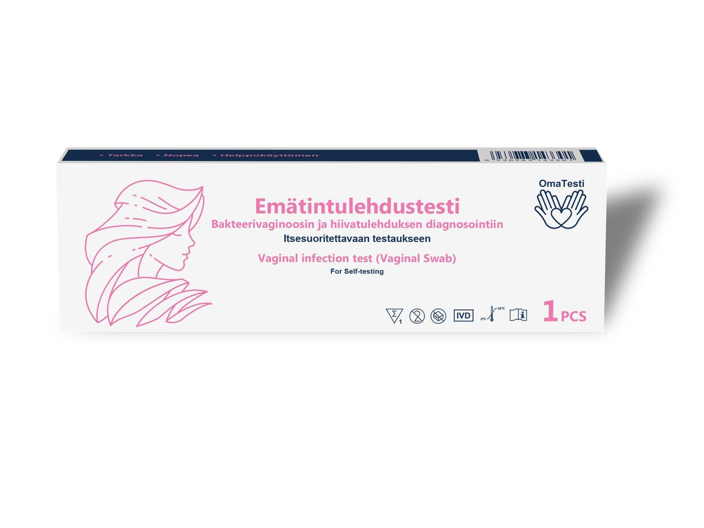 OmaTesti Emätintulehdustesti, suorakulmainen mattavalkoinen pakkaus kotitestaukseen emätintulehduksille; pakkauksessa vaaleanpunaista ja sinistä groteskitekstiä sekä yksinkertainen naisen sivuprofiilin ääriviiva; ei muita tuotteita, brändielementtejä tai koristekuvioita näkyvissä; tausta neutraali, ei ihmisiä eikä käsiä kuvassa.