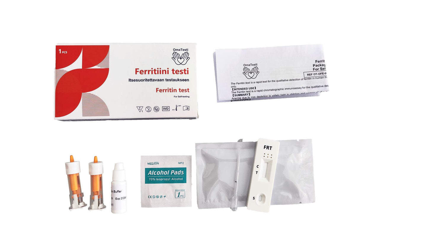 Ferritin test kit featuring a box, instruction sheet, two lancets, alcohol pad, buffer dropper, test cassette, and sealed packet, all arranged on a white background. All components are individually packaged in matte or semi-gloss materials. The box displays sans-serif branding text; small labels visible on dropper and cassette. Flat lay composition with no people shown.