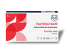 A Ferritin test kit box featuring red and white geometric designs, text in Finnish and English, icons for self-testing, CE mark, and a barcode. The rectangular box appears to be made of matte cardboard with sans-serif typography. No people or hands are visible. The background is plain white and the photo is taken from a front angle. This self-test kit provides a convenient way to monitor your ferritin levels at home.