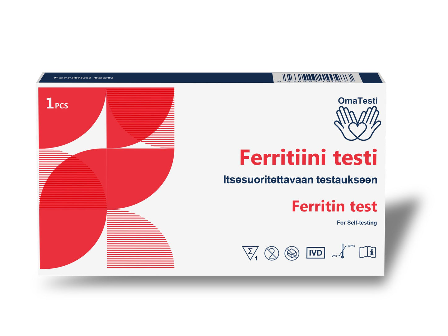A Ferritin test kit box featuring red and white geometric designs, text in Finnish and English, icons for self-testing, CE mark, and a barcode. The rectangular box appears to be made of matte cardboard with sans-serif typography. No people or hands are visible. The background is plain white and the photo is taken from a front angle. This self-test kit provides a convenient way to monitor your ferritin levels at home.