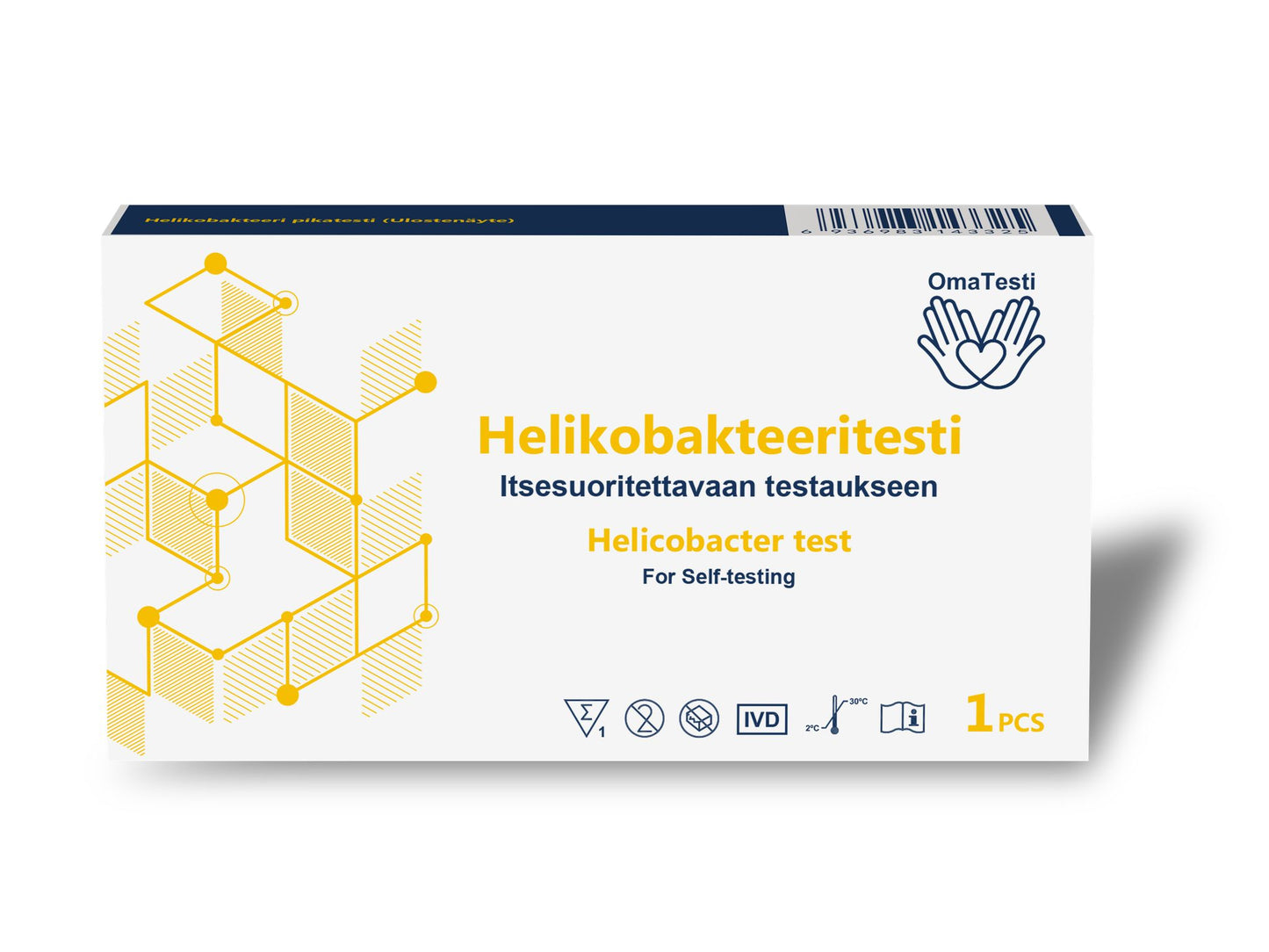 A box labeled Helikobakteeritesti for self-testing Helicobacter. The box is white, rectangular, and made of matte cardboard. It displays yellow and blue text in sans-serif fonts, geometric shapes, several small icons, and the OmaTesti brand logo showing a heart with a check mark. The background is plain and uncluttered. No people or hands are present.