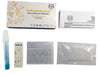 Helicobacter test kit featuring a box labeled Helikobakteeritesti, a test strip, blue capped plastic vial, rectangular foil packet with printed details, and a folded white instruction sheet for self-testing. Items are matte or semi-gloss, mostly white and blue. Sans-serif font on box and materials. The items are neatly arranged on a white background.