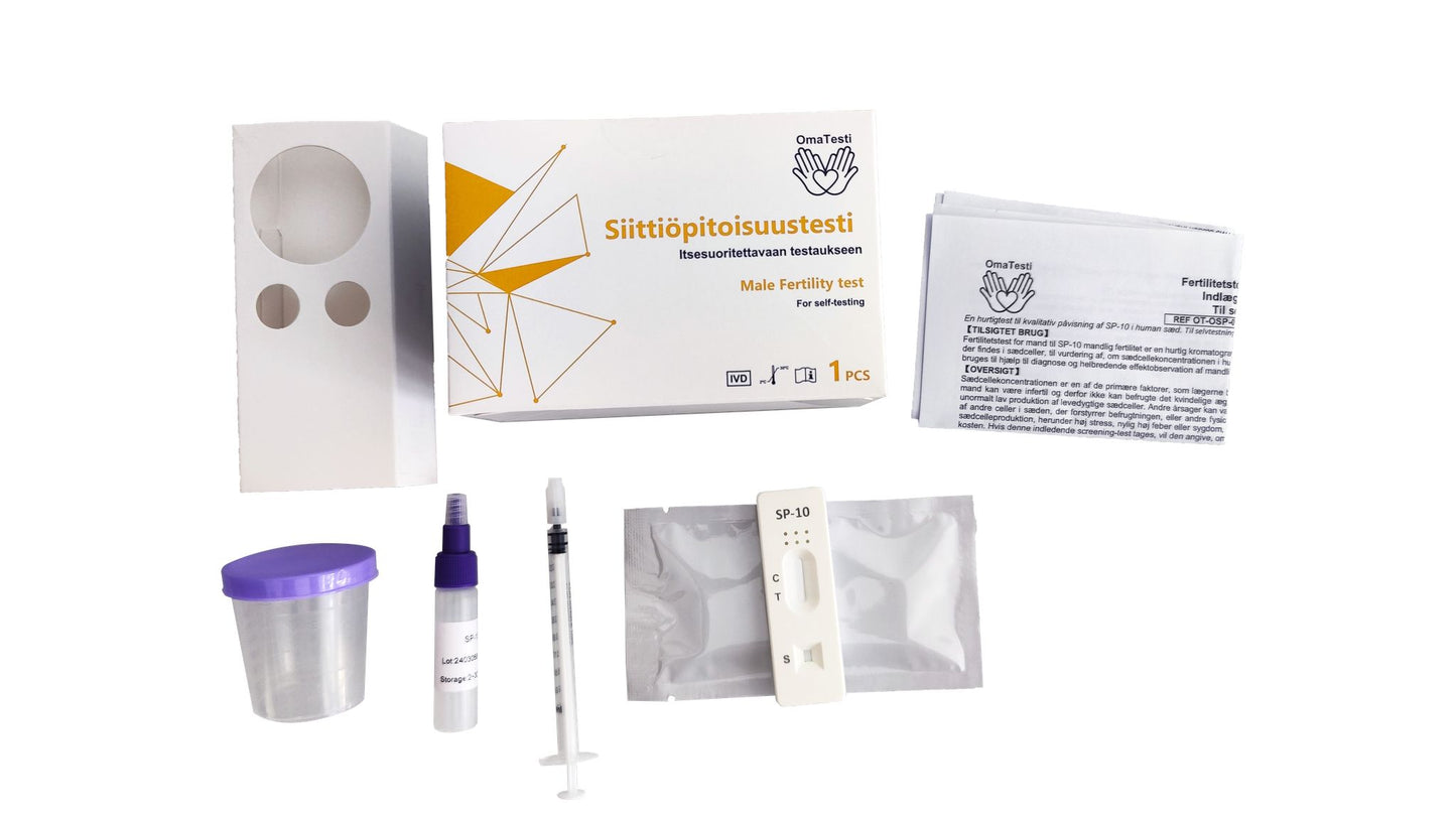 Male fertility test kit featuring a box, sample container, dropper bottle, syringe, test device, instruction sheet, and other components arranged neatly on a white background. All items are white or clear plastic with some blue accents; surfaces are matte. The box has sans-serif text visible on the front. No people or hands present. Overhead shot with even lighting.
