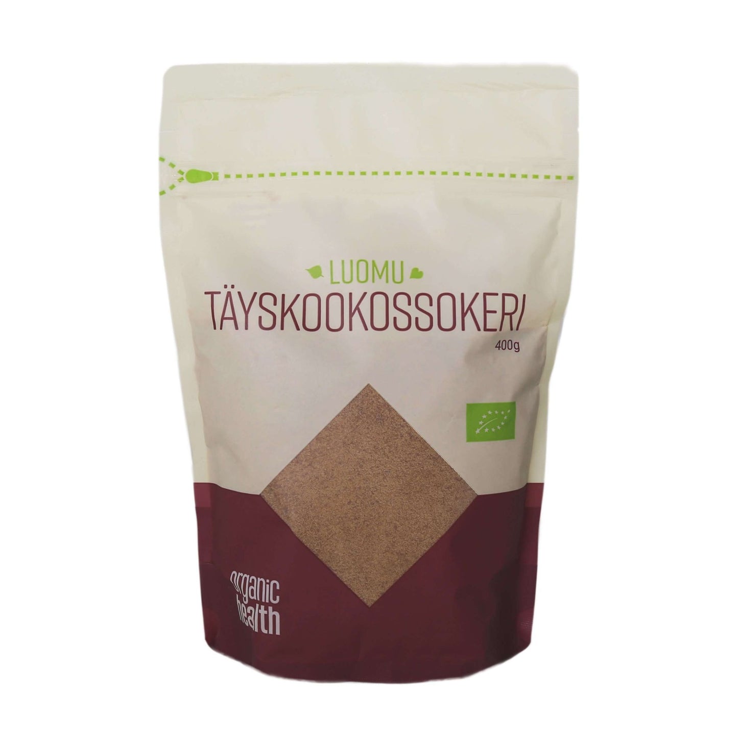 Organic Health Luomu Täyskookossokeri -pakkaus, 400 g, beige-viininpunainen mattapintainen pussi, kirkas ikkuna näyttää ruskean kookossokerin; suorakulmainen tasapohjainen pussi, vihreä-valkoinen groteskiteksti, luomumerkki
