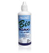 A white plastic bottle with a pointed cap, holding 360 ml. The label has blue and green elements with sans-serif black and blue text, showing “PIILOSET Bio SOAK+ ALL-IN-ONE” and details for contact lens cleaning. Surface is matte. No people or hands in the image, background is plain. Shot type is product close-up on packaging only.