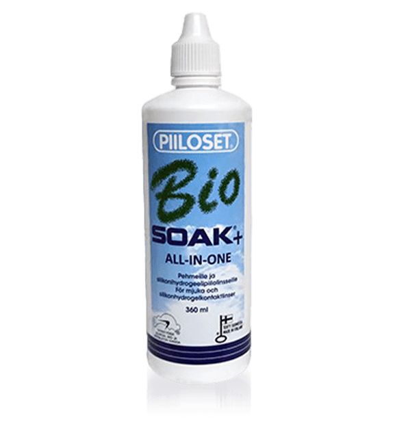 A white plastic bottle with a pointed cap, holding 360 ml. The label has blue and green elements with sans-serif black and blue text, showing “PIILOSET Bio SOAK+ ALL-IN-ONE” and details for contact lens cleaning. Surface is matte. No people or hands in the image, background is plain. Shot type is product close-up on packaging only.