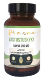 A brown bottle labeled Pinena Vastustuskyky Vahva 250 mg Luomu-männynkuoriuute with images of a pine cone, vitamin E, and vitamin C icons on the front, highlighting natural pine bark extract. Bottle is cylindrical with a matte white label using green and black text in simple fonts. Glossy plastic cap. Product is centered against a plain white background. No people or hands visible. Straight-on product shot.