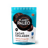 A resealable bag of Planet Paleo Cacao Collagen Chocolate Heaven with vanilla and cinnamon food supplement, featuring a modern design and highlighting collagen benefits at the top. The bag is predominantly dark brown with cream and gold accents, matte finish, upright rectangular shape. Bold sans-serif white text displays the brand name; other details in smaller fonts. Neutral background, isolated product shot.
