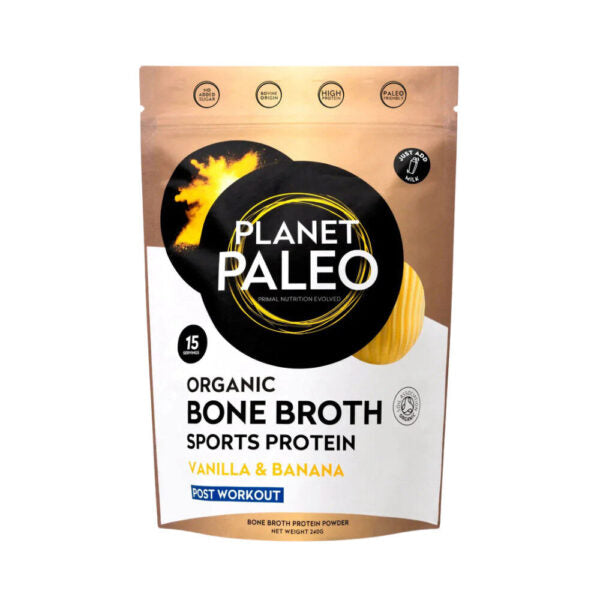 Planet Paleo Vanilla & BAnana -luuliemijauhepussi vaalealla taustalla, laatumerkki-ikonit ja 15 annosta -merkintä