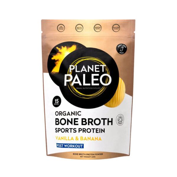 Planet Paleo Vanilla & BAnana -luuliemijauhepussi vaalealla taustalla, laatumerkki-ikonit ja 15 annosta -merkintä