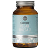 A brown glass bottle labeled PLANTFORCE VEGAN OMEGA 3 contains 120 soft gel capsules. The label is light blue and white with sans-serif text, listing vegan-friendly product details. The cap is metallic silver with a ridged edge and screw top. Surface finish on the bottle is glossy. The product stands upright on a plain, clean background; no people or hands are present in the image.