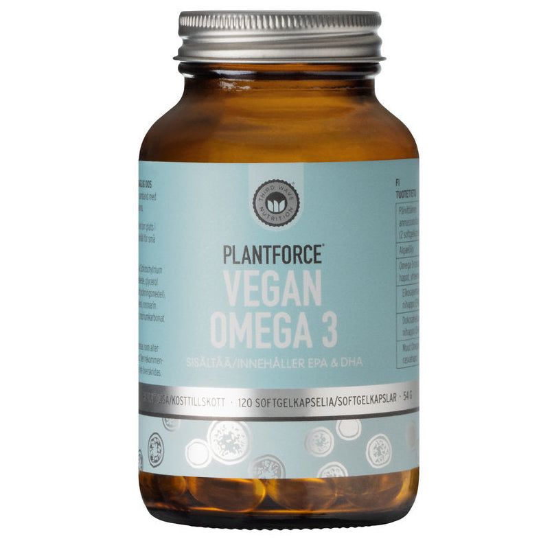 A brown glass bottle labeled PLANTFORCE VEGAN OMEGA 3 contains 120 soft gel capsules. The label is light blue and white with sans-serif text, listing vegan-friendly product details. The cap is metallic silver with a ridged edge and screw top. Surface finish on the bottle is glossy. The product stands upright on a plain, clean background; no people or hands are present in the image.