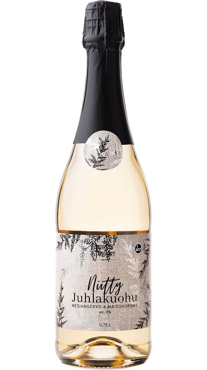 A bottle of sparkling drink with a black foil top and a light-colored label decorated with leaf illustrations. The label displays the text “Niitty Juhlakilohu” and “SOLAR PROJECT” in bold sans-serif font. The bottle is glass with a standard 0.75-liter size, positioned upright against a plain background. No people or actions are visible.