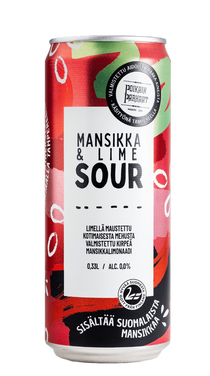 Poikain Parhaat SOUR Mansikka-Lime limonaadi, kirpeä alkoholiton mansikkajuoma, 0,33 l tölkki
