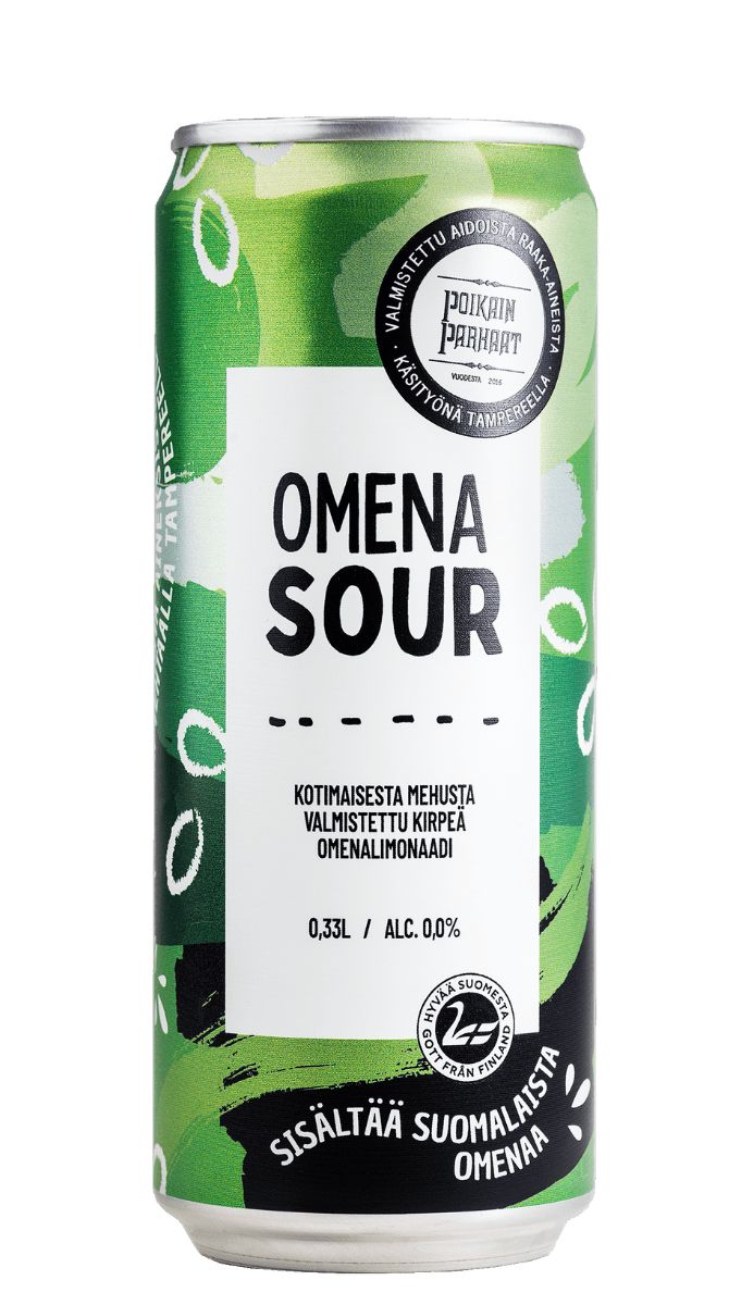 Poikain Parhaat SOUR Omena limonaadi 0,33 l – kirpeä kotimainen omenalimonaadi vihreässä tölkissä