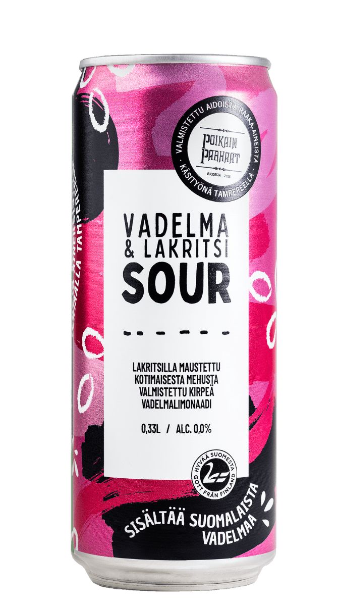 Poikain Parhaat SOUR Vadelma-Lakritsi limonaadi, kirpeä alkoholiton vadelmajuoma, 0,33 l tölkki