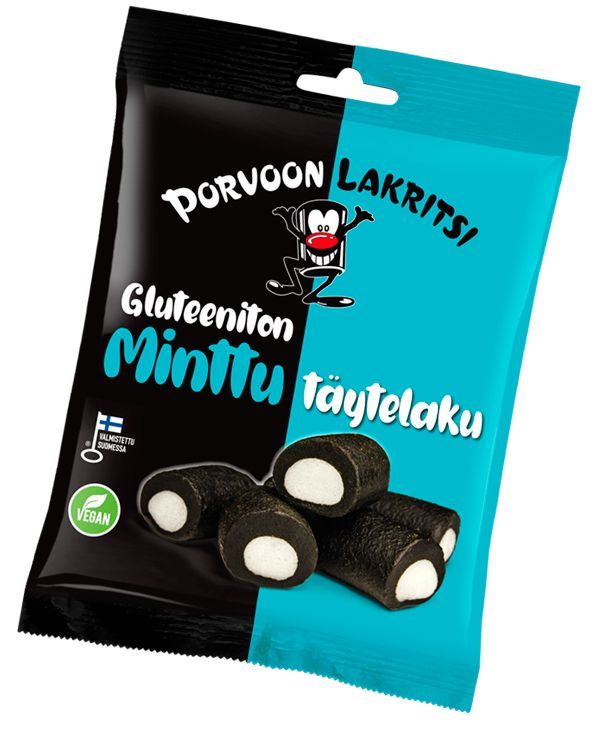Porvoon Lakritsi Gluteeniton Minttulaku, turkoosi-musta karkkipussi tekstillä "Porvoon Lakritsi Gluteeniton Minttu Täytelaku" ja sarjakuvamainen lakritsikuvitus; pakkaus kiiltäväpintainen lihavoiduin valkoisin ja mustin lohkokirjaimin; alaosassa selkeästi neljä lakritsipalaa valkoisella täytteellä; tausta valkoinen, tuote keskitetty, ei ihmisiä eikä käsiä näkyvissä, kuva suoraan edestä.