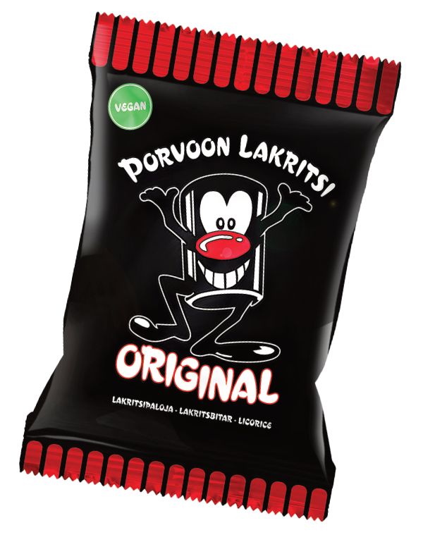 A black bag of Porvoon Lakritsi Original licorice features a cartoon licorice character on the front, red accents around the product name, and a green vegan label located in the top left corner. The packaging is glossy plastic with bold white and red typography. No people or hands are visible. The image has a plain background and is shot as a single product close-up.