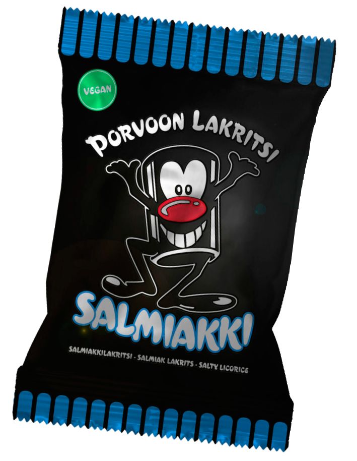 A black candy bag labeled Porvoon Lakritsi Salmiakki features a cartoon character with a wide mouth, waving arms, and a red nose. The packaging is glossy and rectangular with block white text and smaller details in red accents. Vegan and classic salty licorice information is displayed on the front. The image shows only the package against a plain background.