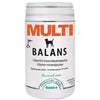 Probalans Multibalans; valkoinen purkki tekstillä "MULTI BALANS", musta koiran siluetti ja teksti kertoo vitamiini-kivennäisainejauheesta koirille; tuote korostaa eläinten hoitoa, paino 200 g; purkki sileän mattavalkoinen suorin kyljin ja pyöreällä pohjalla; musta groteskikirjasin päätekstille; vaalea pelkistetty tausta, ei ihmisiä tai toimintaa kuvassa, suora edestäpäin otettu tuotekuva.