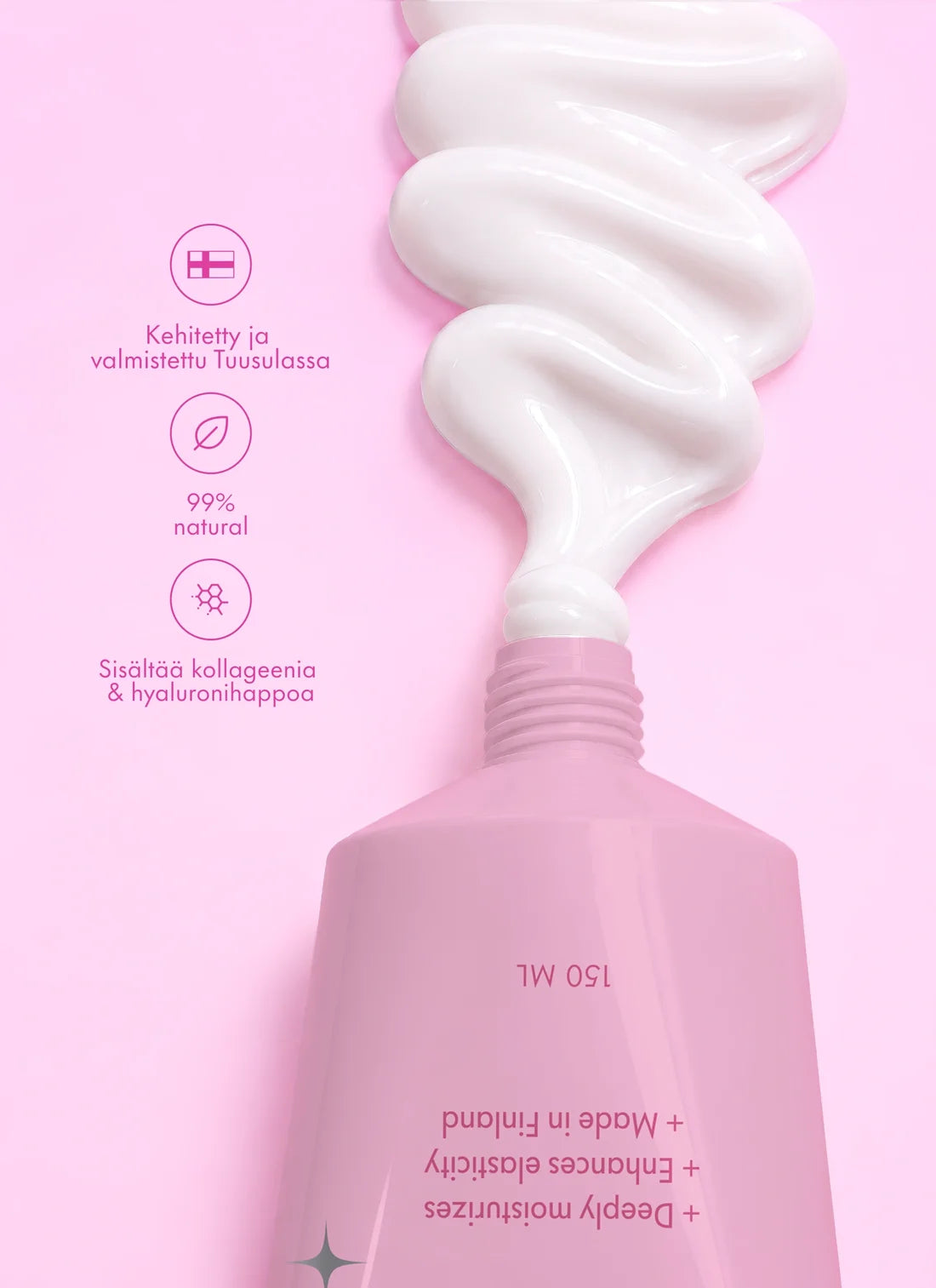 Puhdas+ Beauty Peptide Collagen -vartalovoidetuubi ylösalaisin, voidetta valumassa ulos pinkillä taustalla