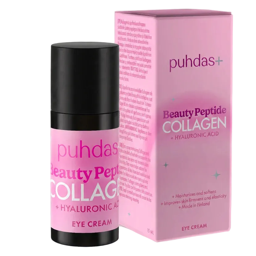 Puhdas+ Beauty Peptide Collagen -silmänympärysvoide, musta purkki ja vaaleanpunainen pakkaus, 15 ml