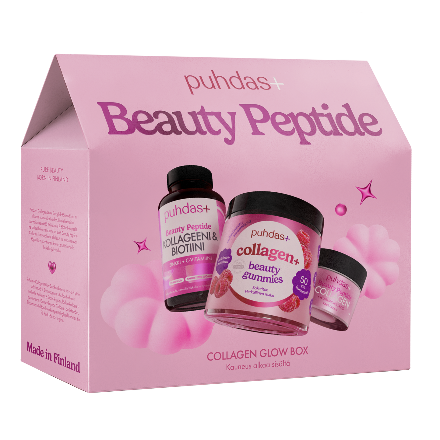 Puhdas+ Beauty Peptide -lahjarasia, jossa kollageenikapselit, Collagen+ Beauty Gummies ja kasvovoide