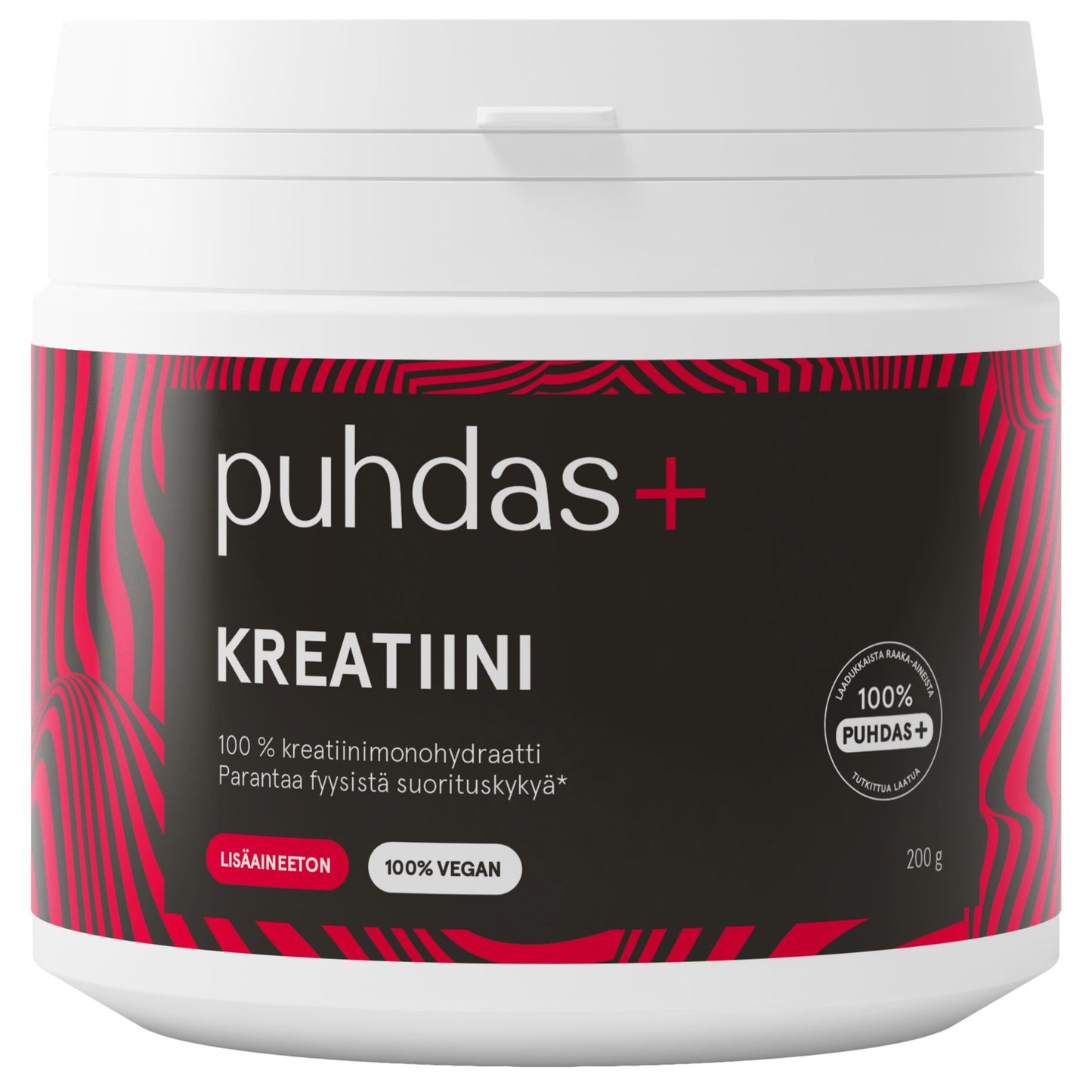 puhdas+ KREATIINI -purkki; sylinterimäinen valkoinen muoviastia mattapinnalla; etiketissä lihavoitua tekstausvapaata typografiaa punaisin ja mustin geometrisin abstraktein kuvioin; teksti mainitsee 100-prosenttisen kreatiinimonohydraatin, lisäaineettomuuden, vegaaniset raaka-aineet ja 200 g nettopainon; ei ihmisiä tai taustan yksityiskohtia näkyvissä.