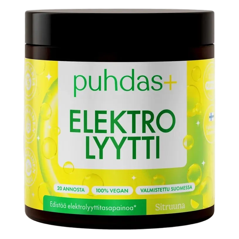 Puhdas+ Elektrolyytti-jauhepurkki, sitruunan makuinen, musta kansi vaalealla taustalla