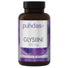 Puhdas+ Glysiini 500 mg -pullo pystyasennossa vaalealla taustalla, musta korkki ja violetti kuplakuvioinen etiketti