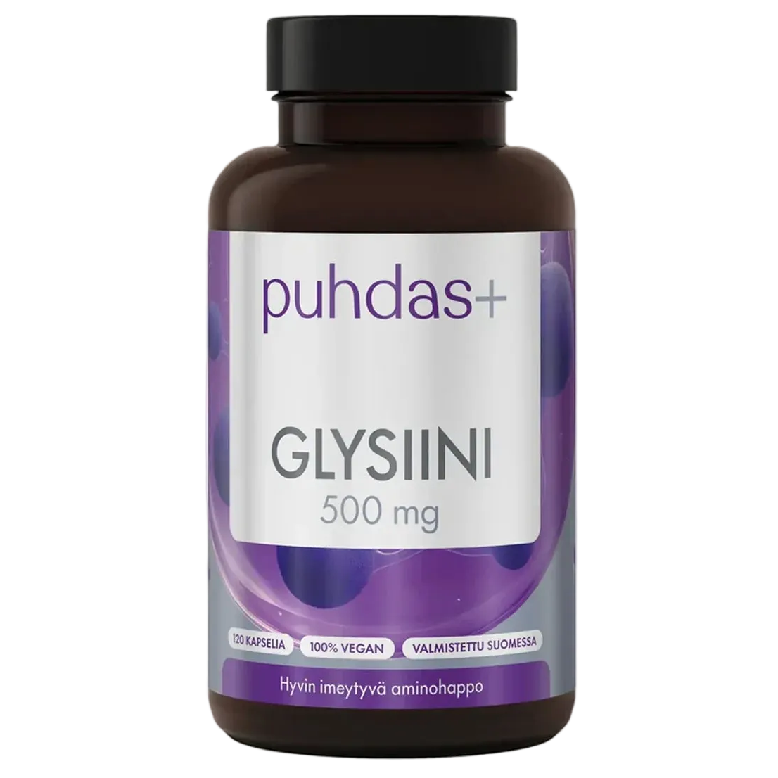 Puhdas+ Glysiini 500 mg -pullo pystyasennossa vaalealla taustalla, musta korkki ja violetti kuplakuvioinen etiketti