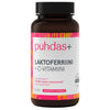 A bottle of puhdas+ Laktoferriini + C-vitamiini dietary supplement with a distinctive pink, white, and yellow label, featuring text in Finnish and containing 40 capsules. The bottle is cylindrical plastic with a white matte finish and has a screw cap. Sans-serif typeface is used on the label. Plain background; no people or hands present. Shot shows the product centered upright. This vitamin-rich formula is designed for easy daily use.