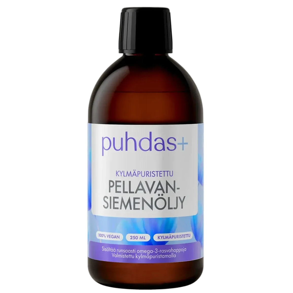 Puhdas+ Pellavansiemenöljy 250 ml – kylmäpuristettu pellavansiemenöljy tummassa muovipullossa