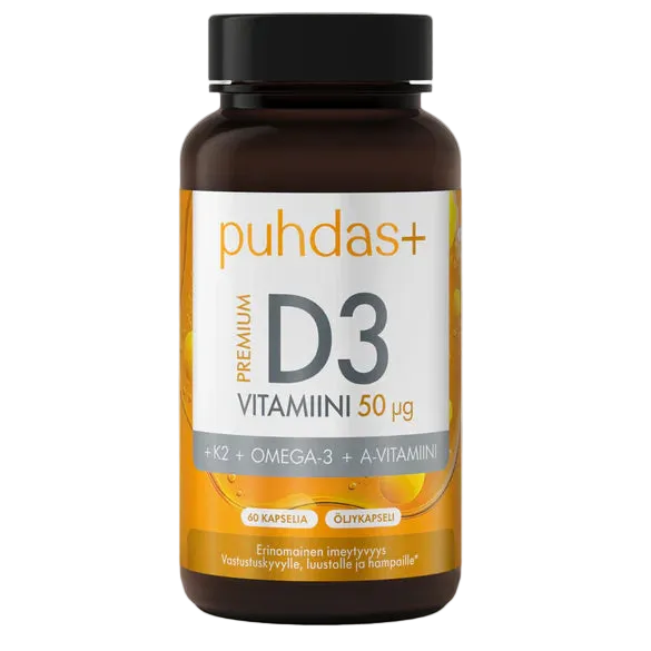 Puhdas+ Premium D3-vitamiini 50 µg + K2 + Omega-3 + A-vitamiini