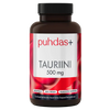 Puhdas+ Tauriini 500 mg -pullo pystyasennossa vaalealla taustalla, musta korkki ja punainen kuplakuvioinen etiketti