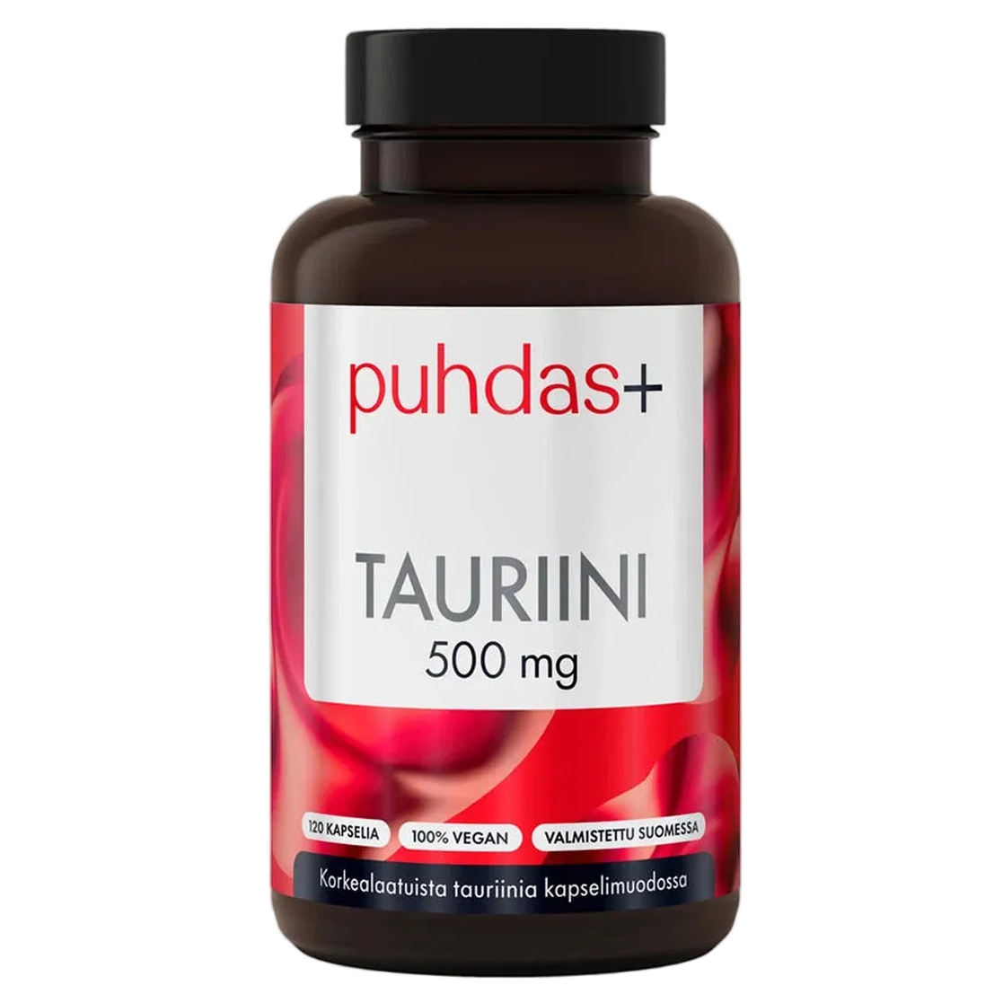 Puhdas+ Tauriini 500 mg -pullo pystyasennossa vaalealla taustalla, musta korkki ja punainen kuplakuvioinen etiketti