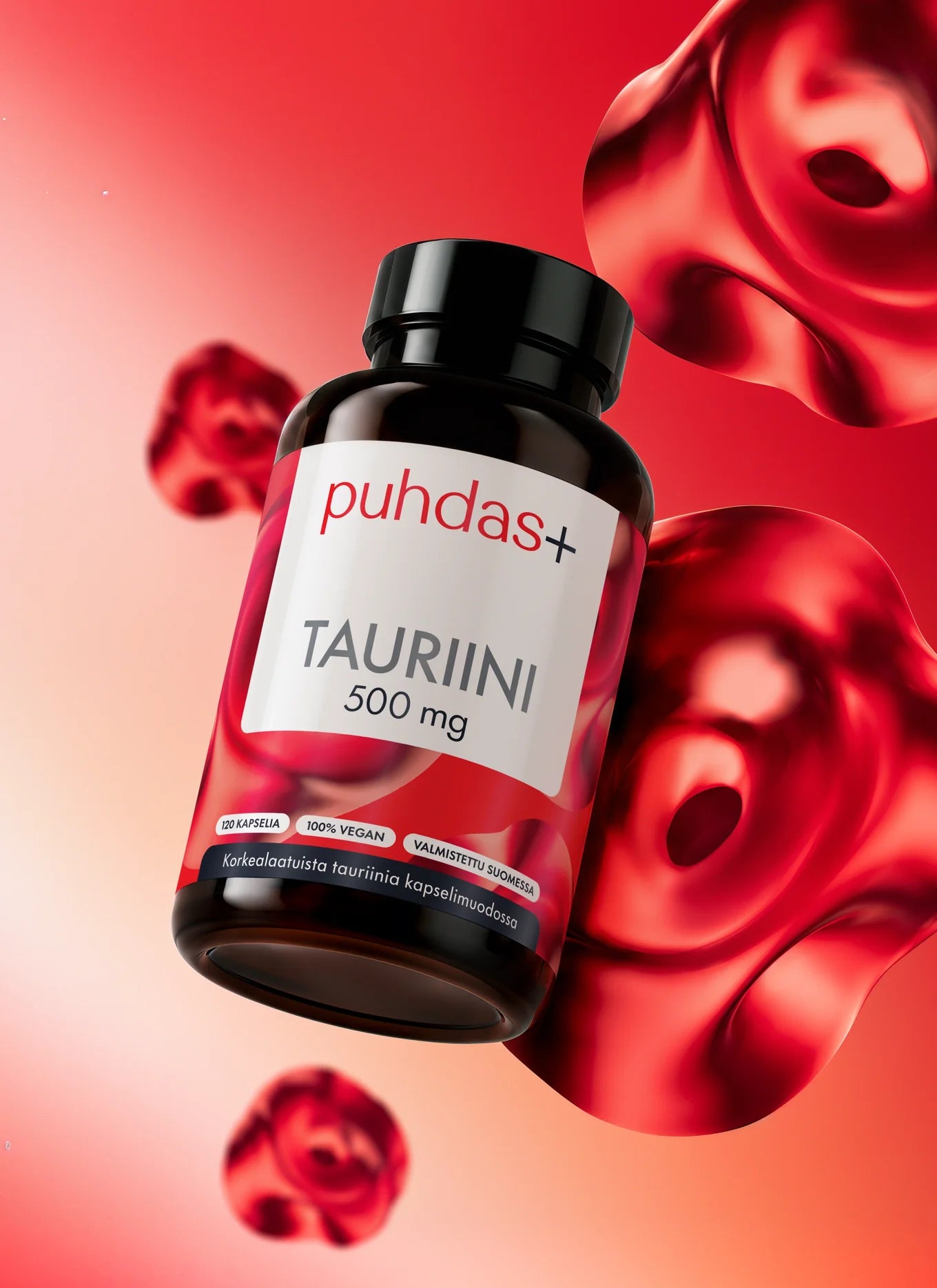 Puhdas+ Tauriini -pullo kelluu suurten kiiltävien punaisten kuplien keskellä punaisella liukuvärjätyllä taustalla