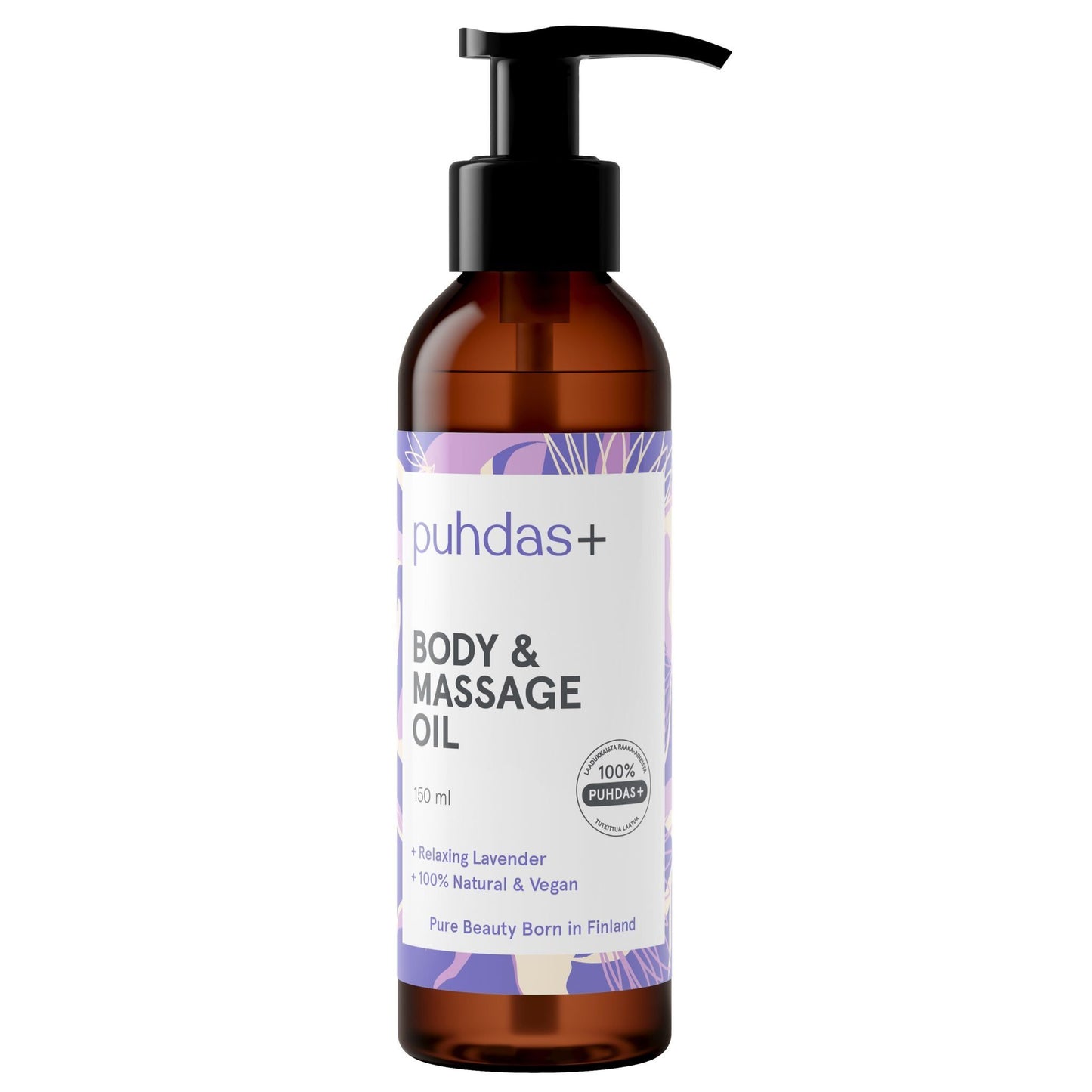 Puhdas+ Vartalo & Hierontaöljy Laventeli; ruskea muovinen pumppupullo tekstillä "puhdas+ BODY & MASSAGE OIL" laventelikuvioinnilla etiketissä; teksti sisältää "Relaxing Lavender", "100% Natural & Vegan" ja "Pure Beauty Born in Finland" sans-serif-fontilla; pullo mattapintainen ja pyöristetty muodoltaan; kuvattu tuote yksin neutraalia taustaa vasten, ei ihmisiä tai käsiä.