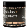 A jar of Puhdas+ Elektrolyytti Jauhe with a patterned label, highlighting that it is 100% vegan and crafted in Finland. The jar is cylindrical with a white plastic lid and a matte finish. The main label displays geometric designs in blue and grey, sans-serif text in black, and clear branding. The background is plain white. No people or objects are visible.