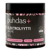 A jar of Puhdas+ Elektrolyytti Jauhe electrolyte powder with a black plastic screw-on lid and a cylindrical white container. The label is matte with black and pink geometric patterns. The text is sans-serif. Visible icons indicate vegan and gluten-free. Product name appears in large bold letters. Plain, light background with no visible people or objects.