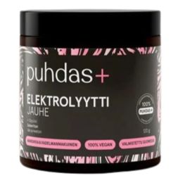 A jar of Puhdas+ Elektrolyytti Jauhe electrolyte powder with a black plastic screw-on lid and a cylindrical white container. The label is matte with black and pink geometric patterns. The text is sans-serif. Visible icons indicate vegan and gluten-free. Product name appears in large bold letters. Plain, light background with no visible people or objects.
