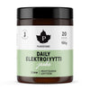 A cylindrical jar with a matte black lid and a white body is shown. The label reads Puhdistamo Daily Elektrolyytti jauhe Lime, containing 100g and 20 servings of electrolyte powder with a refreshing lime flavor for daily use. The label design is minimalist, using bold sans-serif typography in black and green on white. No people or hands present; plain background; front-facing product shot.
