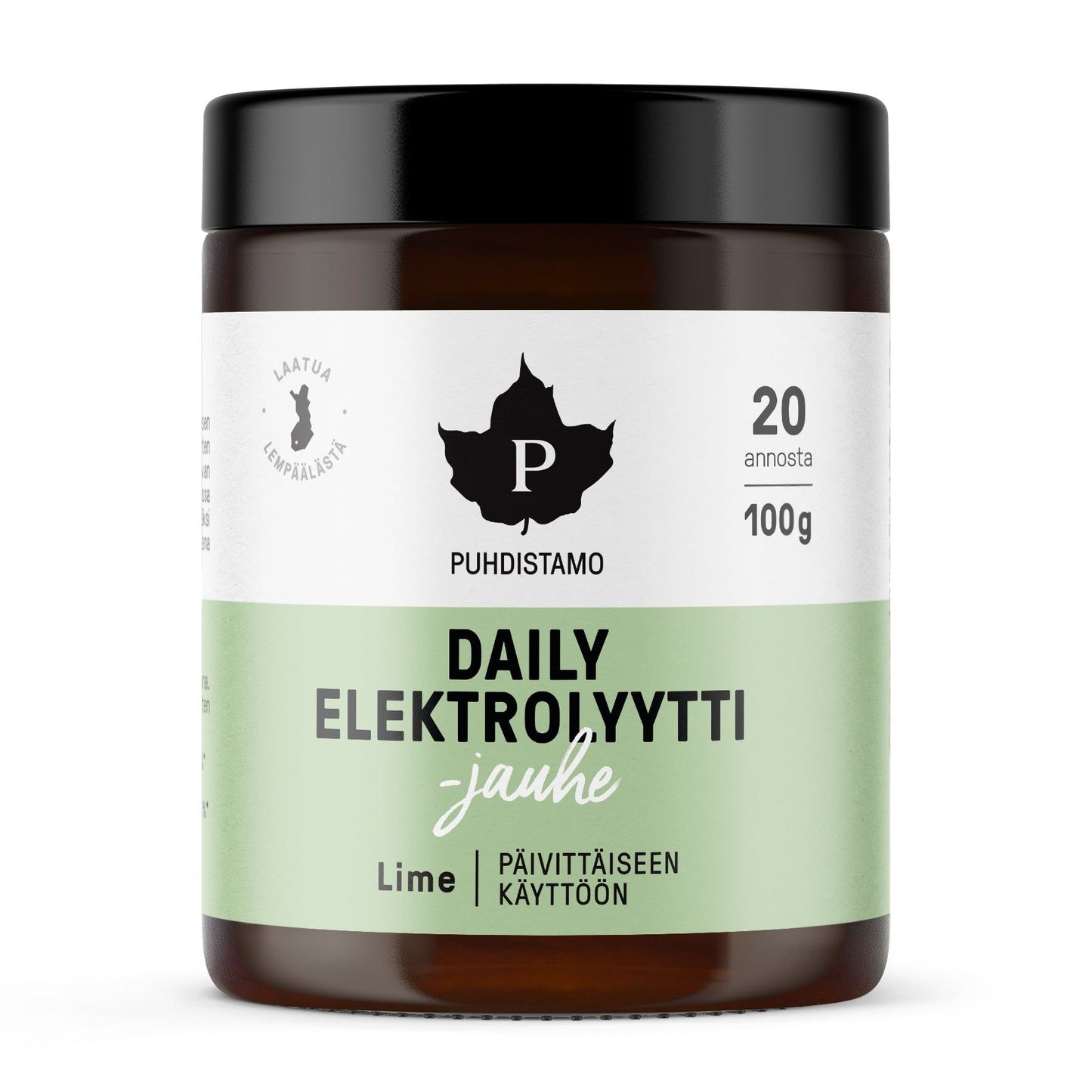 A cylindrical jar with a matte black lid and a white body is shown. The label reads Puhdistamo Daily Elektrolyytti jauhe Lime, containing 100g and 20 servings of electrolyte powder with a refreshing lime flavor for daily use. The label design is minimalist, using bold sans-serif typography in black and green on white. No people or hands present; plain background; front-facing product shot.