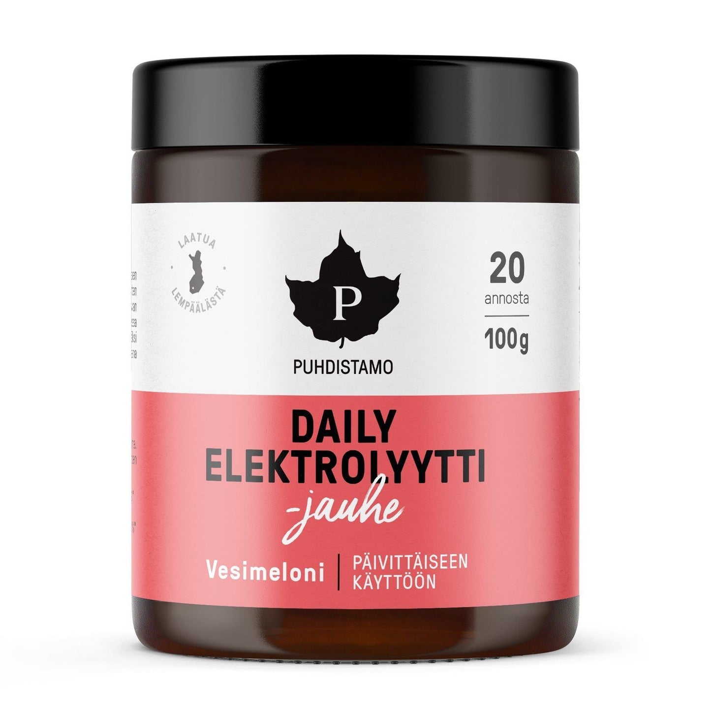 Puhdistamo Daily Elektrolyyttijauhe Vesimeloni; purkki Puhdistamo Daily Electrolyte -jauhetta vesimelonin maussa, vaaleanpunaisella etiketillä suomenkielistä tuotetietoa kuten 20 annosta, 100 g ja käyttöohjeet; astia lieriömäistä muovia mattapinnalla ja valkoinen kierrekansi; etiketissä mustaa ja valkoista groteskitekstiä; purkki kuvattu tasaisella valkoisella taustalla, ei ihmisiä tai käsiä.